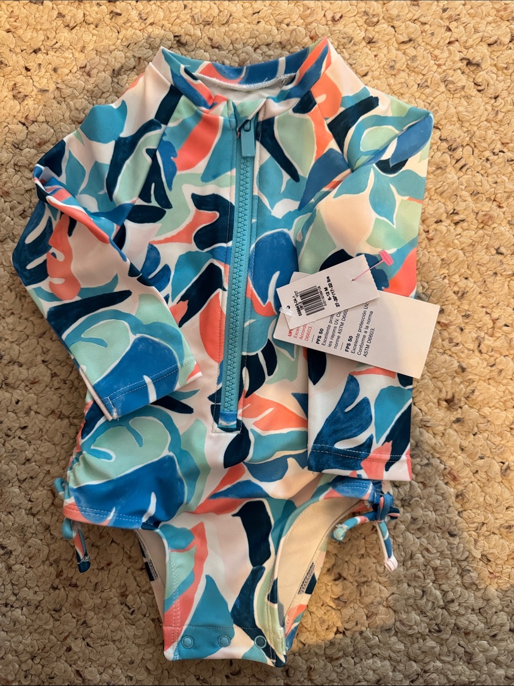 Old Navy Kids Long-Sleeve One-Piece Swimsuit - Blue Multi with Coral Accents